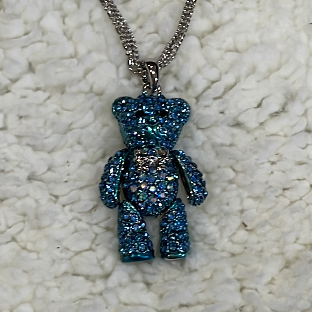 Off Park Collection blue rhinestone bear necklace